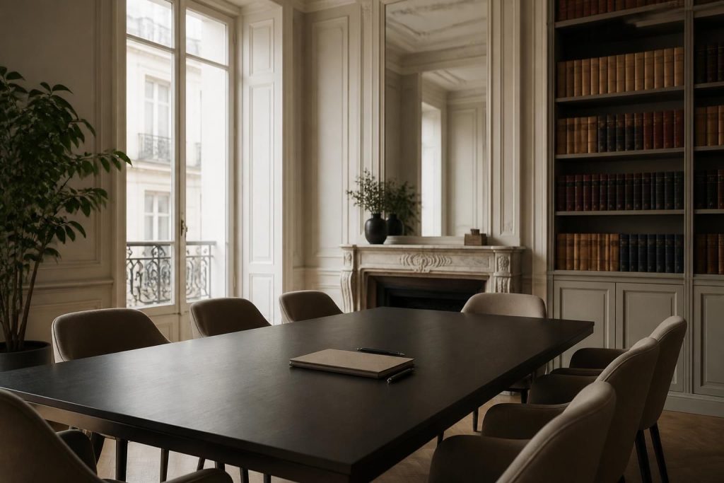 Elegant law office interior with soft natural light and a calm conference table