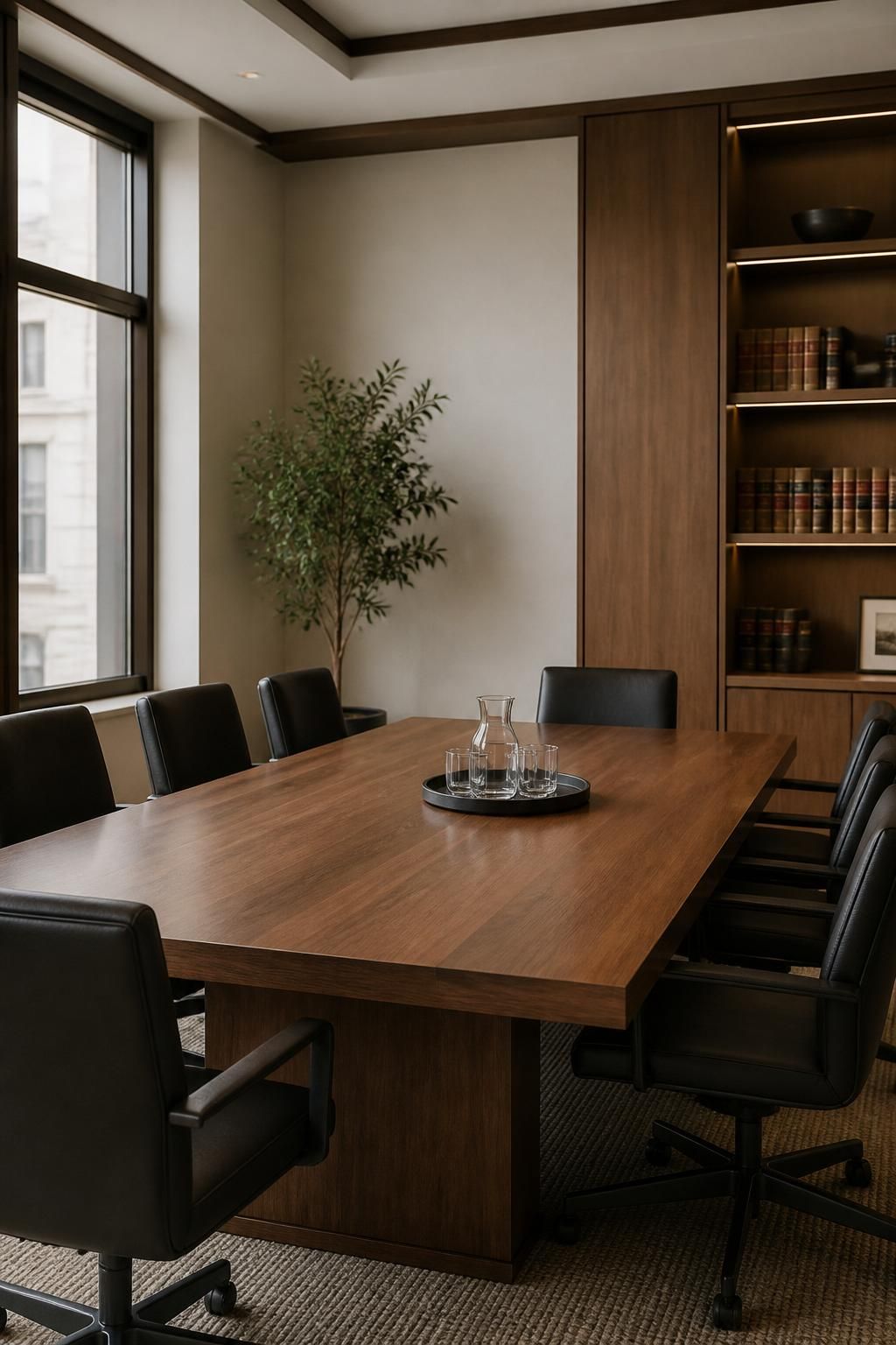 Modern legal meeting room with warm wood accents and soft light